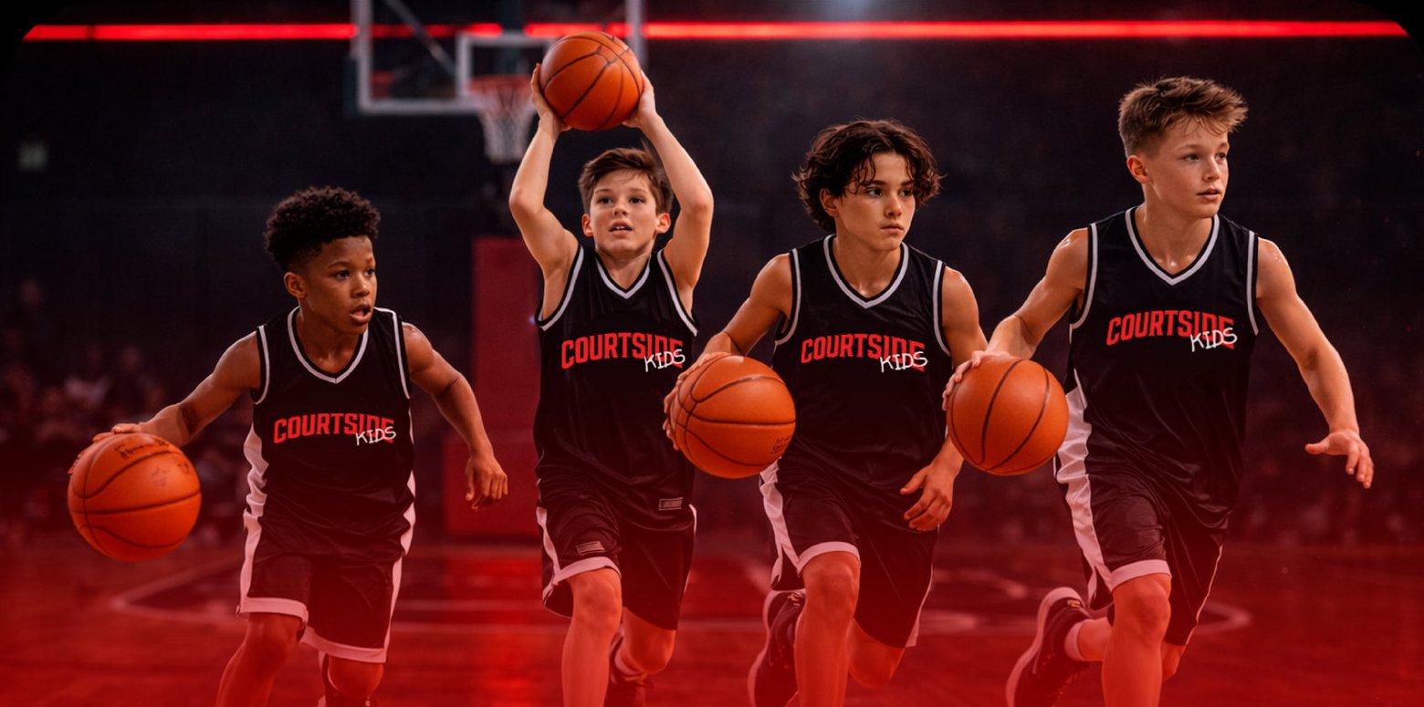 Four Courtside Kids players dribbling up the court